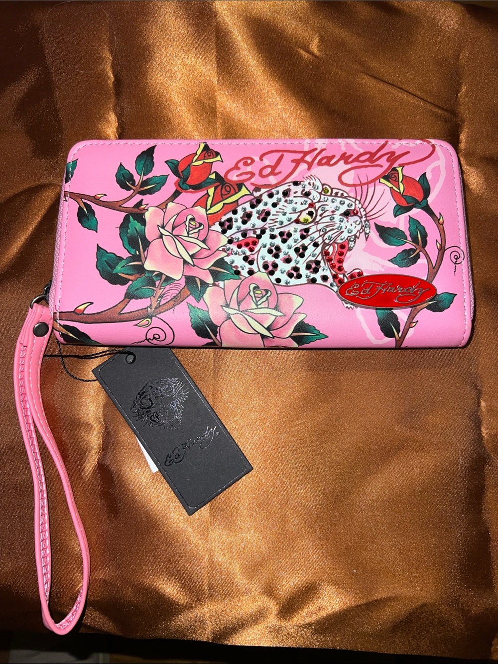 Ed Hardy Pink Leopard & Rose Zip Around Wristlet Wallet